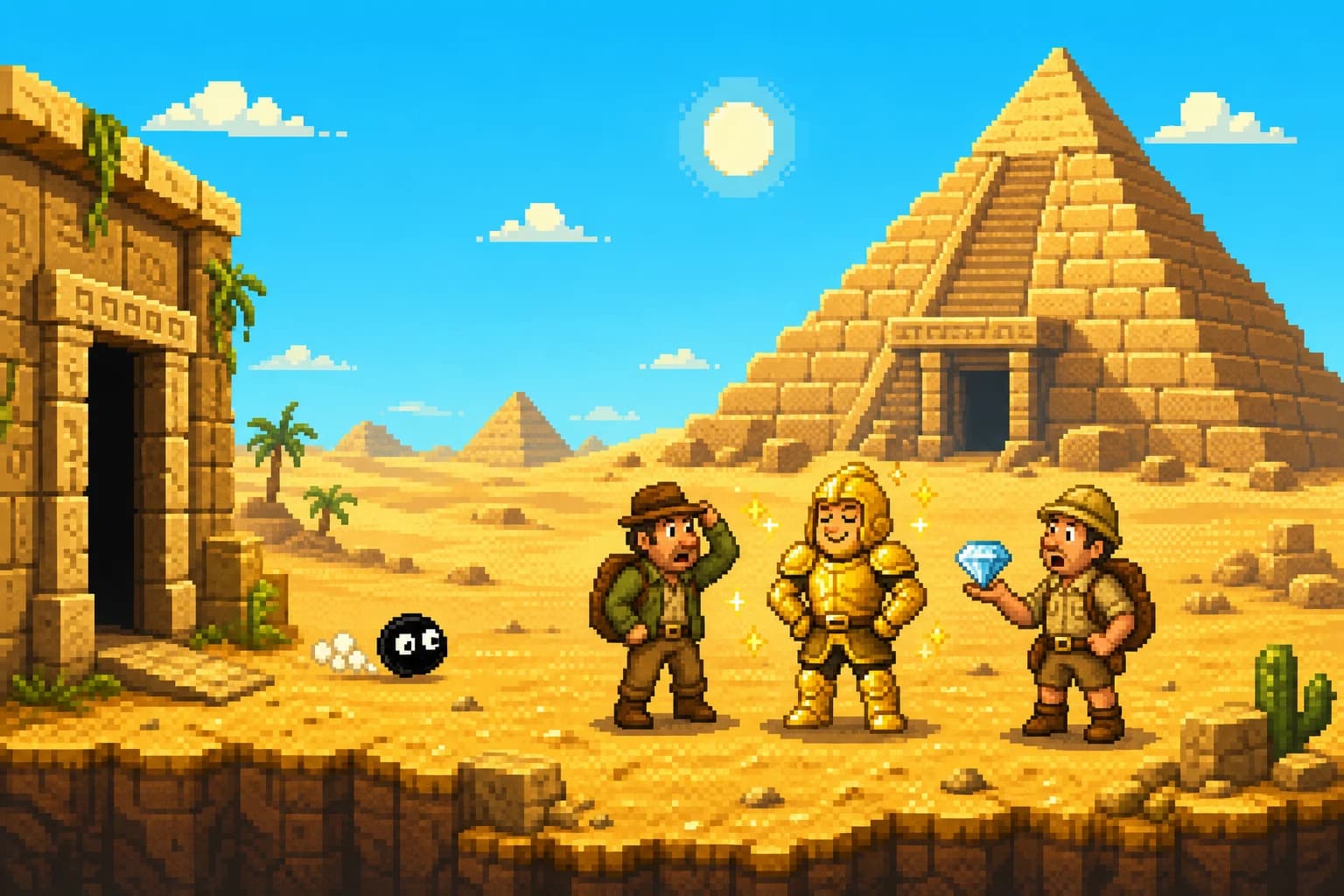 Three pixel-art adventurers standing outside a desert pyramid with diamond loot