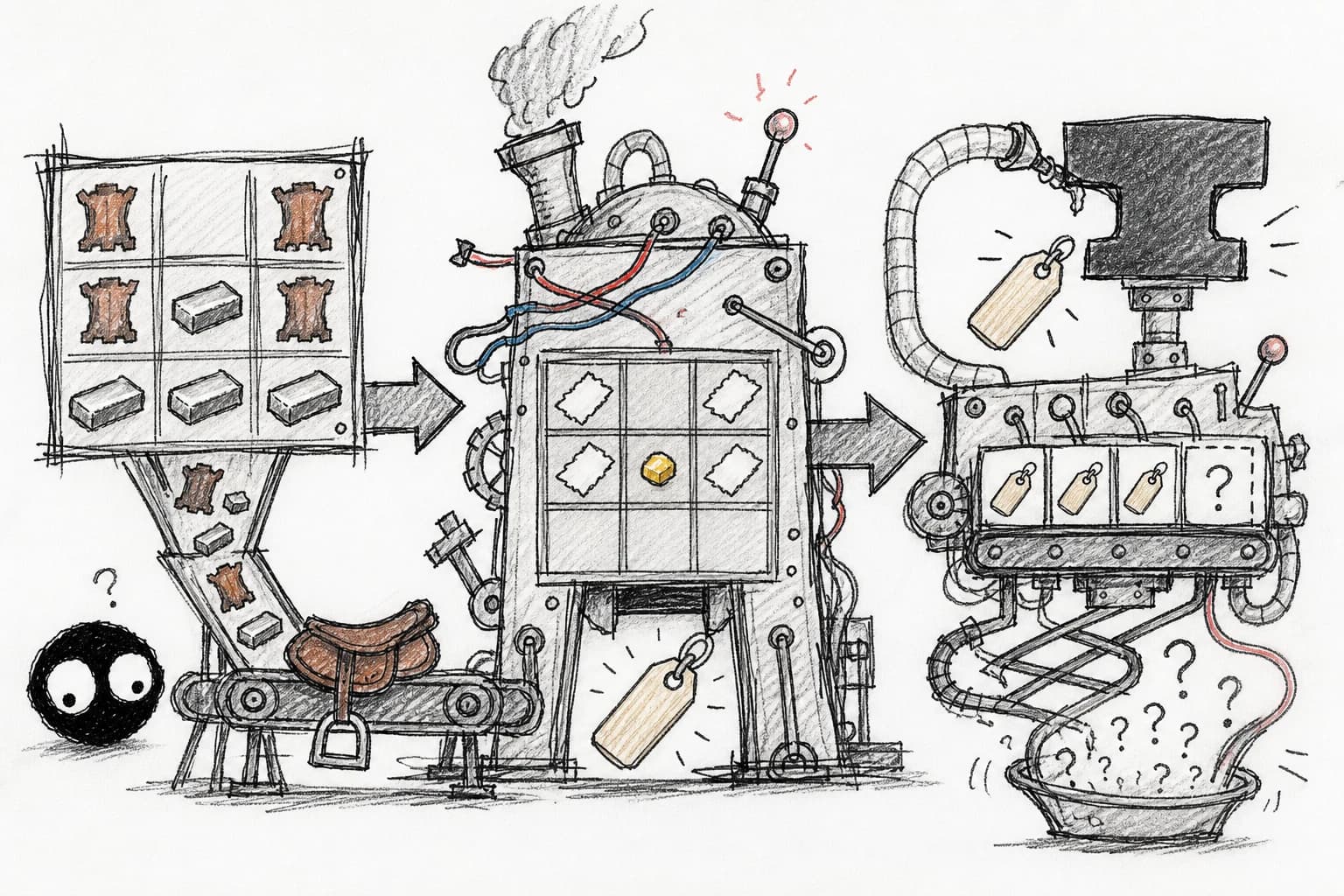 A hand-drawn machine turning Minecraft crafting materials into saddle and name-tag recipes, with Phil watching