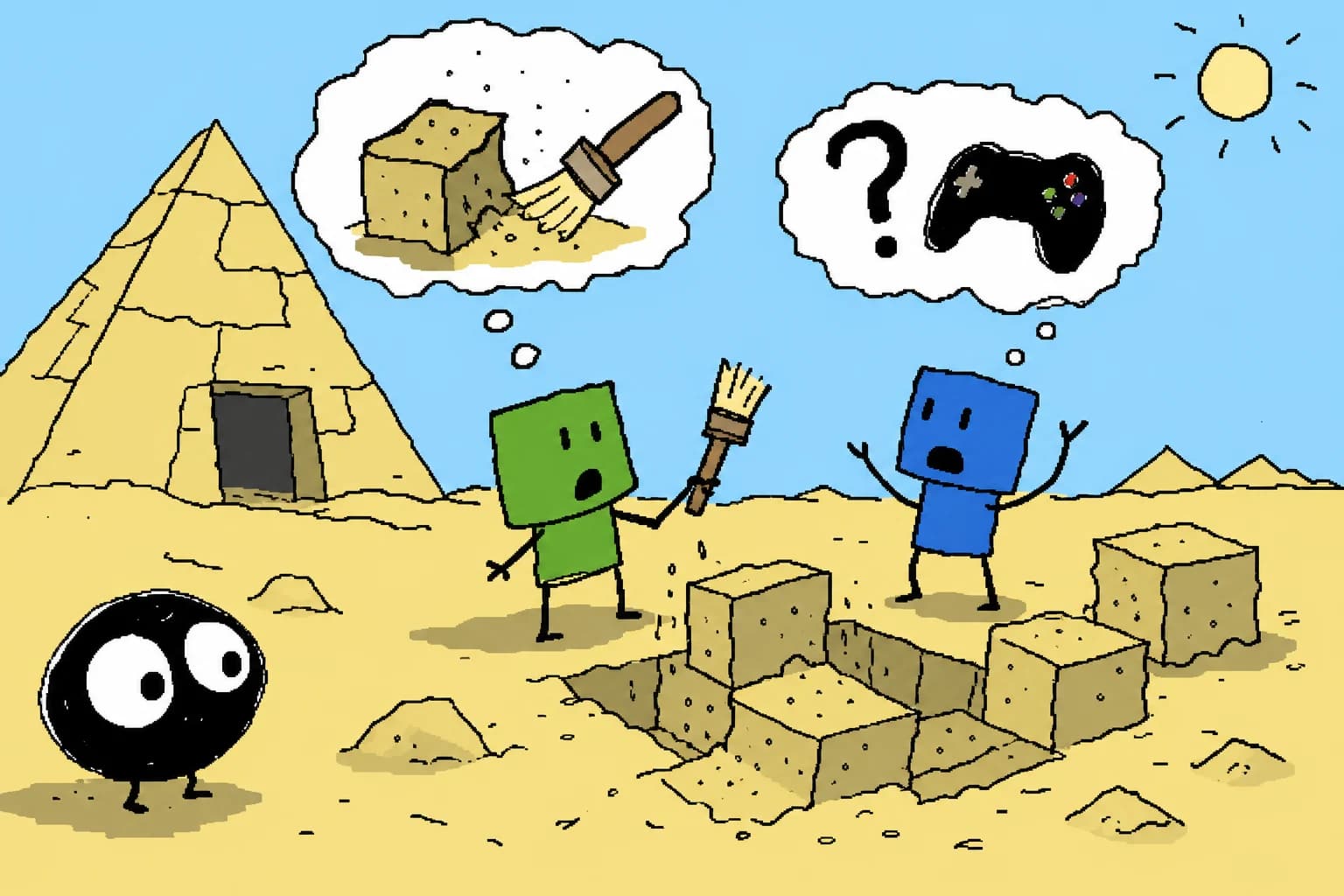 Two hand-drawn Minecraft players excavating blocks in a desert with Phil watching